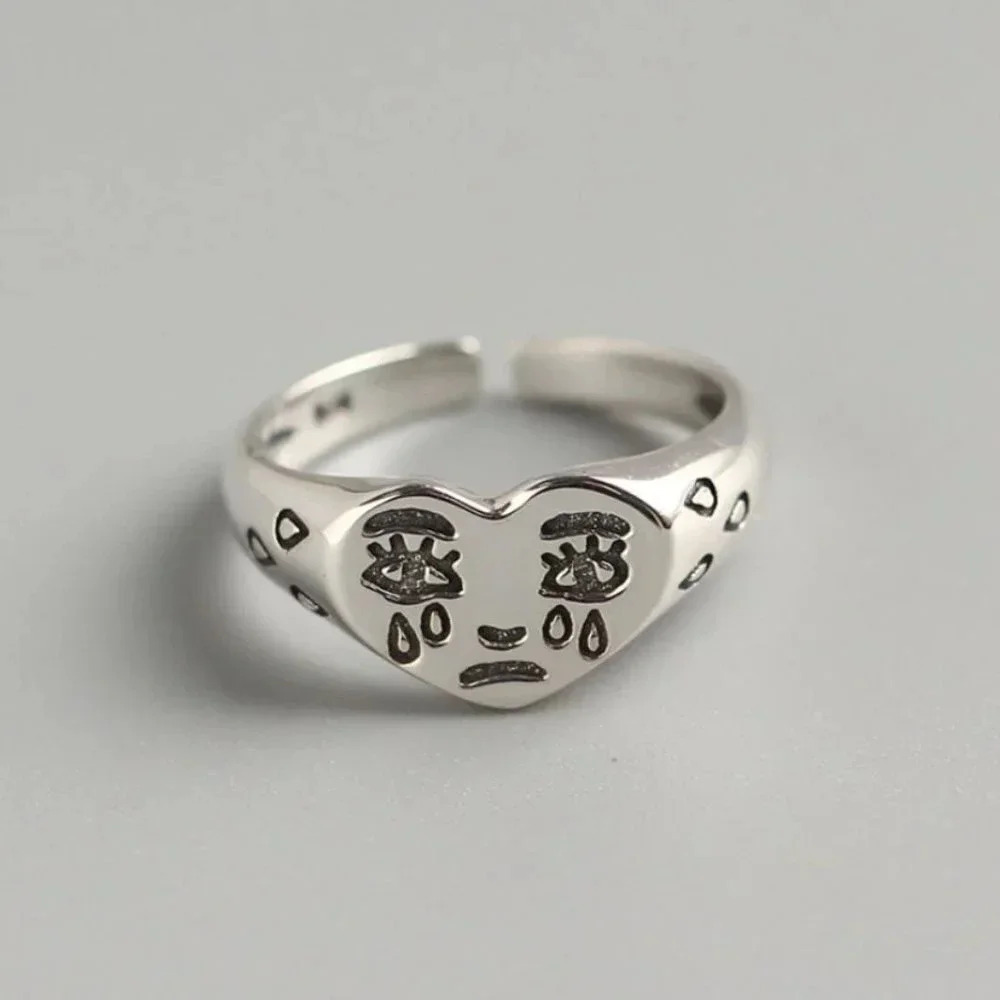925 Sterling Silver Crying Sad Face Ring
